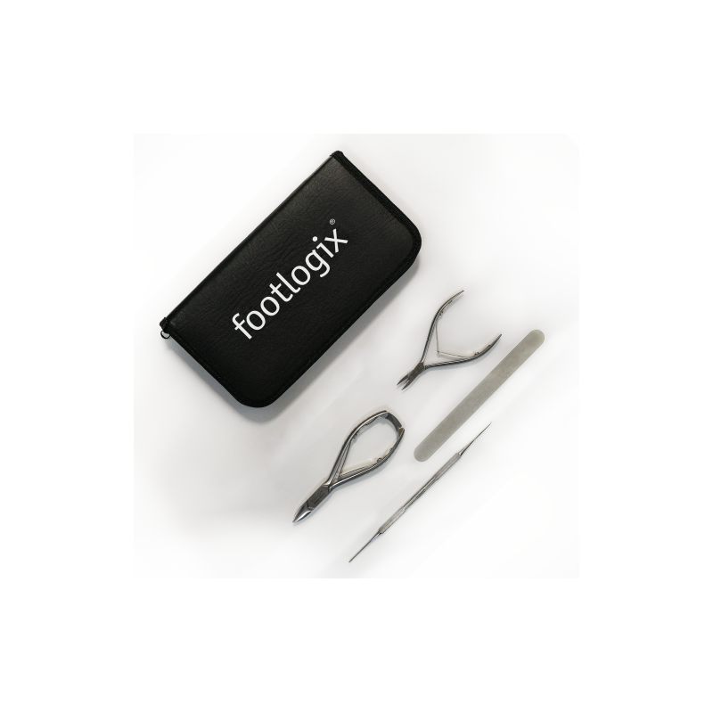 Footlogix - PROMO - Trousse d'Instruments de Pédicure (4 pièces + trousse) + râpe pour particuliers OFFERTE