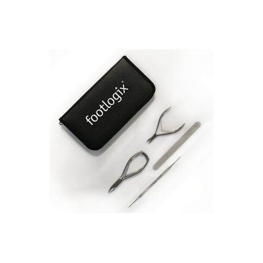 [6,9442E+11] Footlogix - PROMO - Trousse d'Instruments de Pédicure (4 pièces + trousse) + râpe pour particuliers OFFERTE